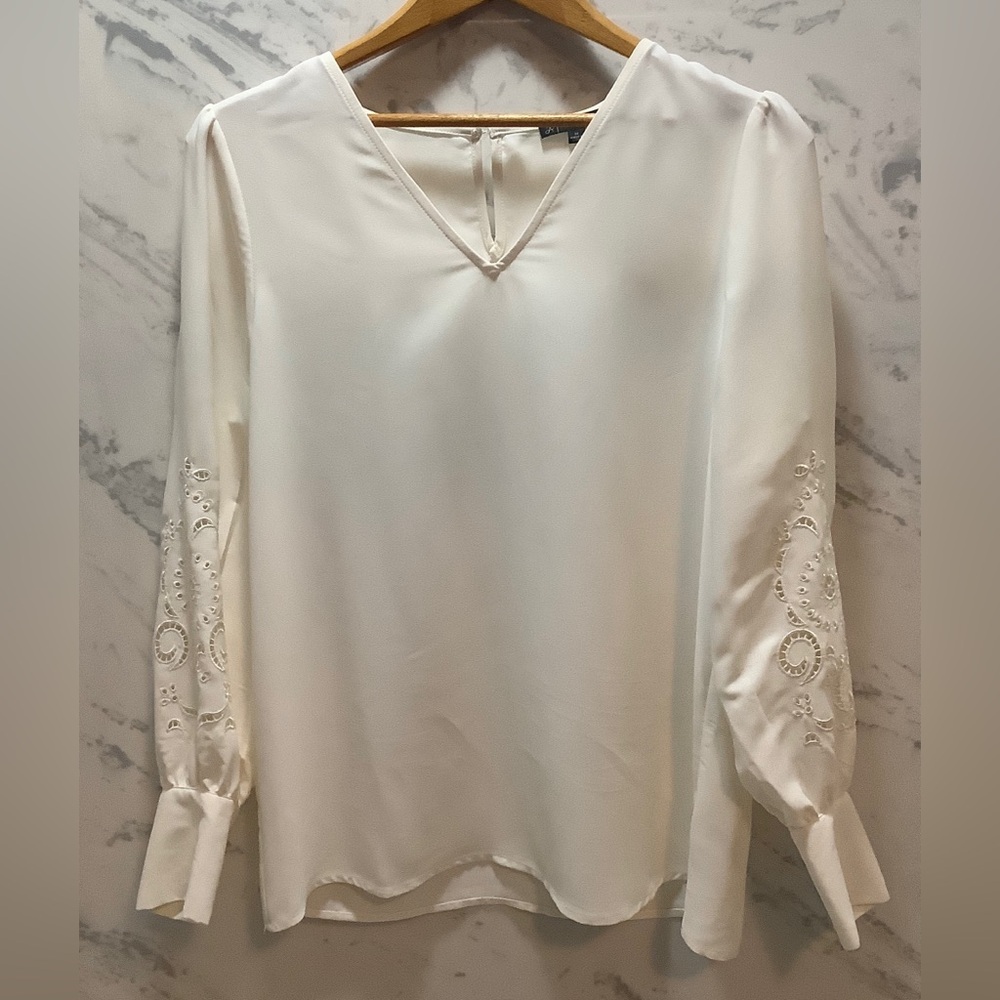 Adrianna Papell Women’s Blouse, Embellished Sleeves, Ivory, Size M